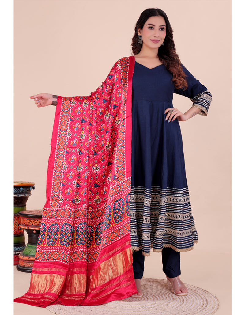 Red Women's Gaji Silk Dupatta suitable for Navratri, Diwali & All Occasions DB2200