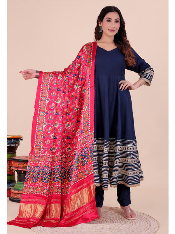 Red Women's Gaji Silk Dupatta suitable for Navratri, Diwali & All Occasions DB2200