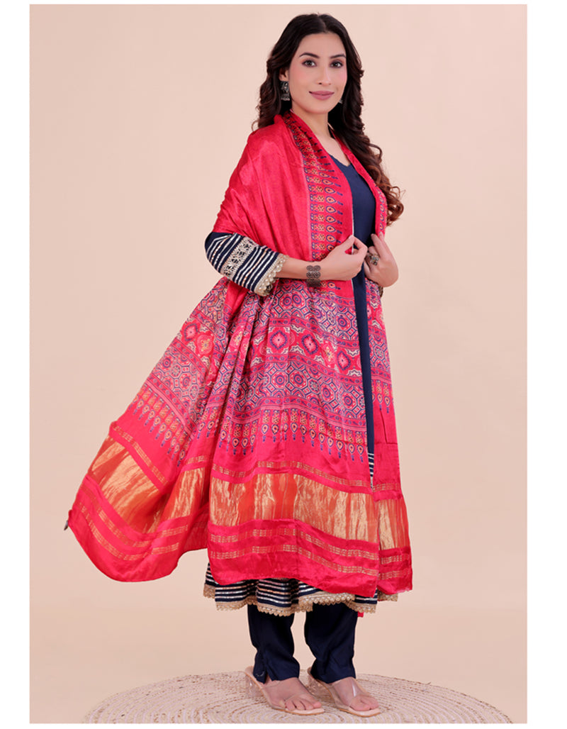 Red Women's Gaji Silk Dupatta suitable for Navratri, Diwali & All Occasions DB2200