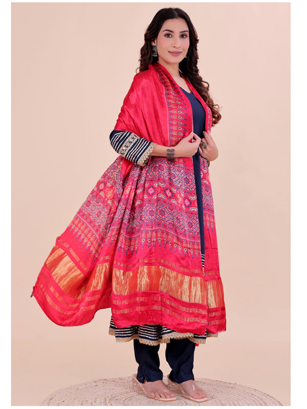 Red Women's Gaji Silk Dupatta suitable for Navratri, Diwali & All Occasions DB2200