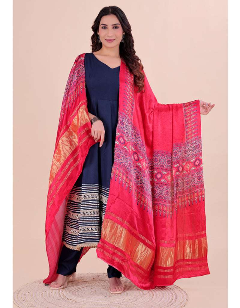 Red Women's Gaji Silk Dupatta suitable for Navratri, Diwali & All Occasions DB2201
