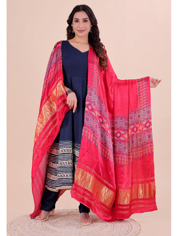 Red Women's Gaji Silk Dupatta suitable for Navratri, Diwali & All Occasions DB2201