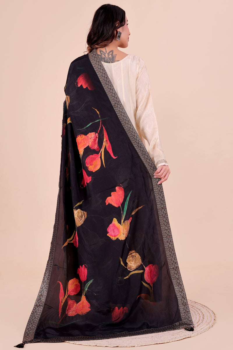 Black Women's Viscose Dola Silk Dupatta suitable for Navratri, Diwali & All Occasions DB2211