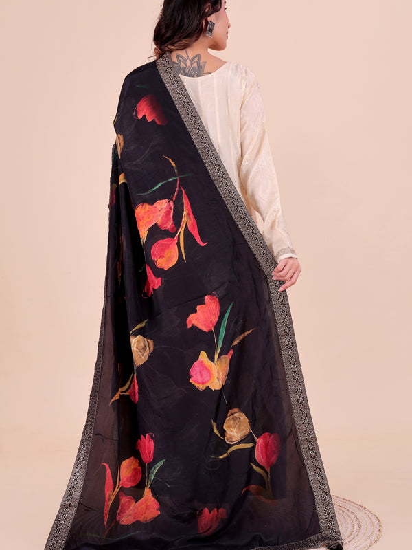 Black Women's Viscose Dola Silk Dupatta suitable for Navratri, Diwali & All Occasions DB2211