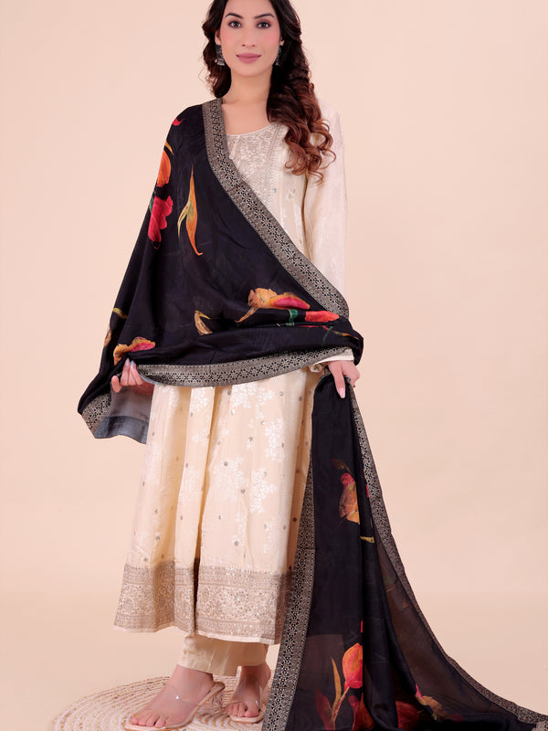Black Women's Viscose Dola Silk Dupatta suitable for Navratri, Diwali & All Occasions DB2211
