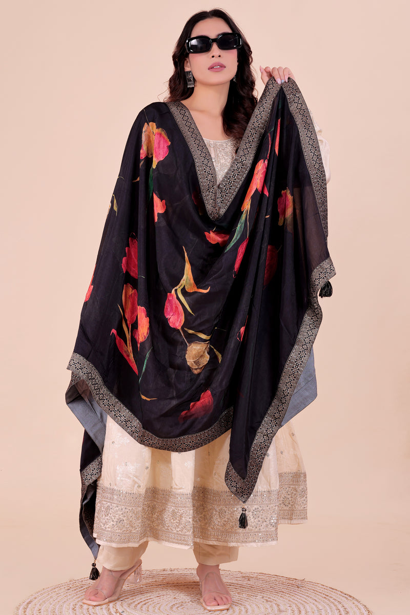 Black Women's Viscose Dola Silk Dupatta suitable for Navratri, Diwali & All Occasions DB2211