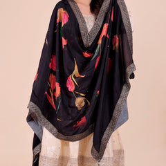 Black Women's Viscose Dola Silk Dupatta suitable for Navratri, Diwali & All Occasions DB2211