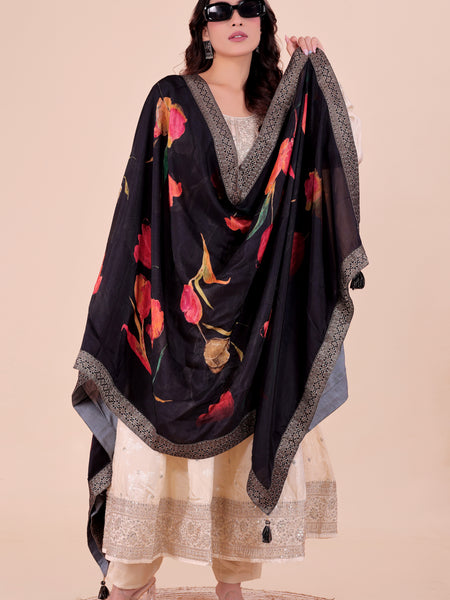 Black Women's Viscose Dola Silk Dupatta suitable for Navratri, Diwali & All Occasions DB2211