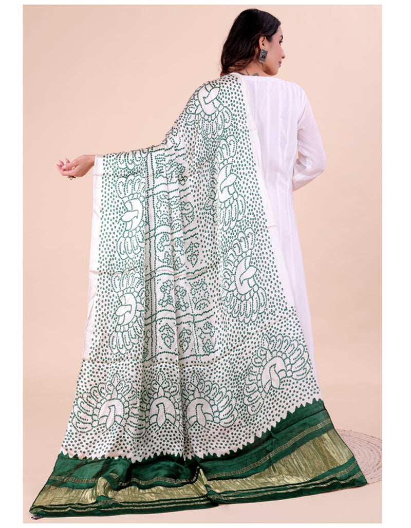 White Women's Gaji Silk Dupatta suitable for Navratri, Diwali & All Occasions DB2202