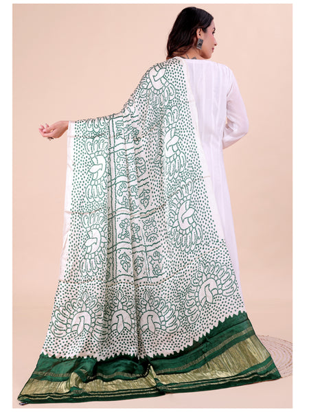 White Women's Gaji Silk Dupatta suitable for Navratri, Diwali & All Occasions DB2202