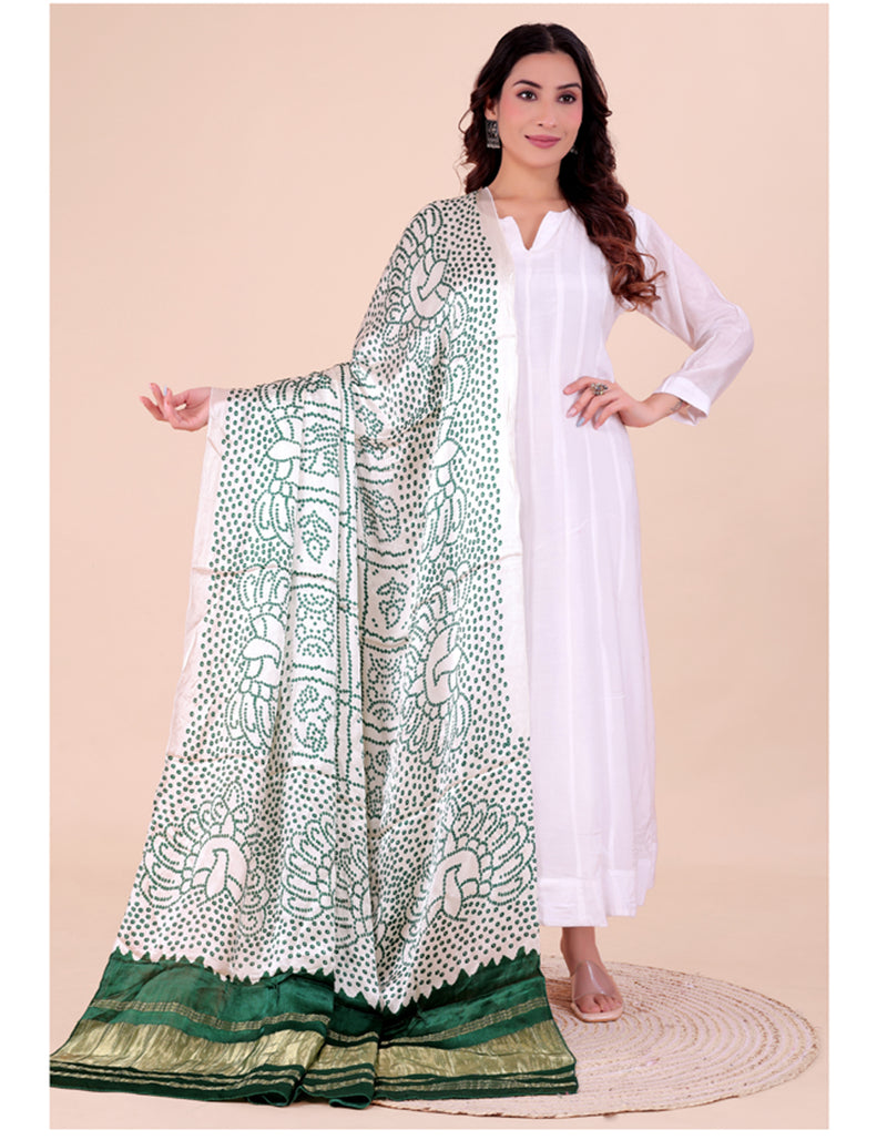 White Women's Gaji Silk Dupatta suitable for Navratri, Diwali & All Occasions DB2202