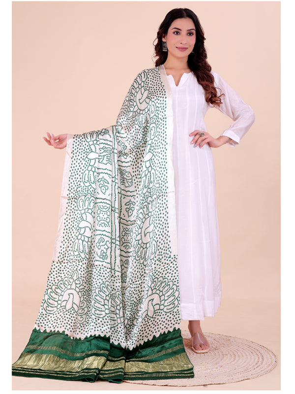 White Women's Gaji Silk Dupatta suitable for Navratri, Diwali & All Occasions DB2202