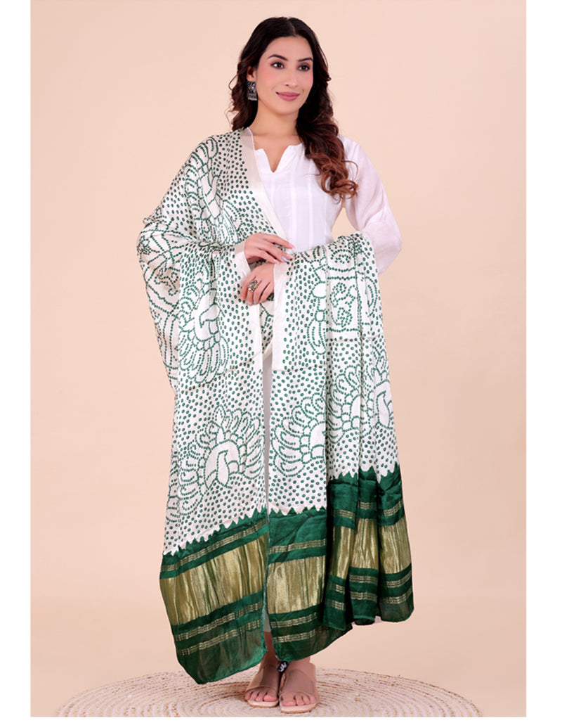 White Women's Gaji Silk Dupatta suitable for Navratri, Diwali & All Occasions DB2202