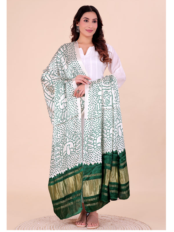 White Women's Gaji Silk Dupatta suitable for Navratri, Diwali & All Occasions DB2202