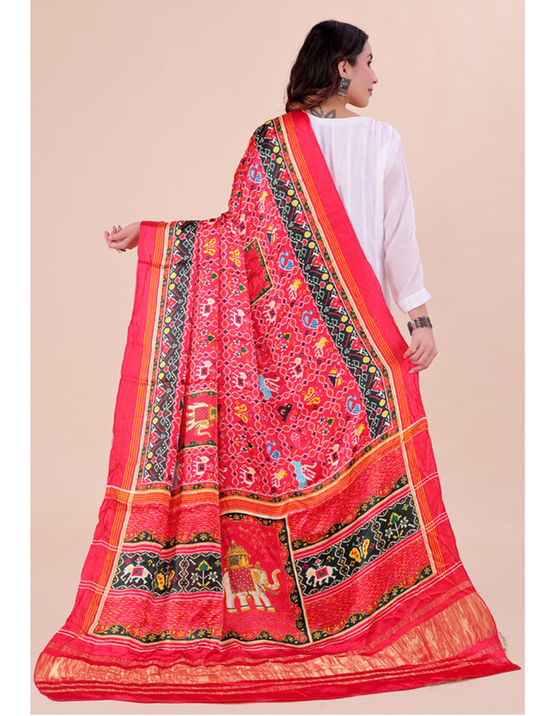 Red Women's Gaji Silk Dupatta suitable for Navratri, Diwali & All Occasions DB2204