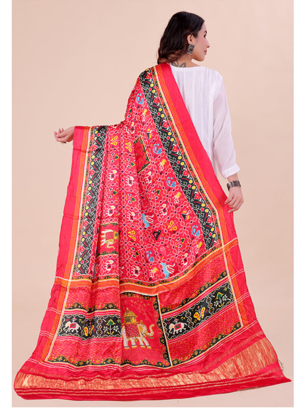 Red Women's Gaji Silk Dupatta suitable for Navratri, Diwali & All Occasions DB2204