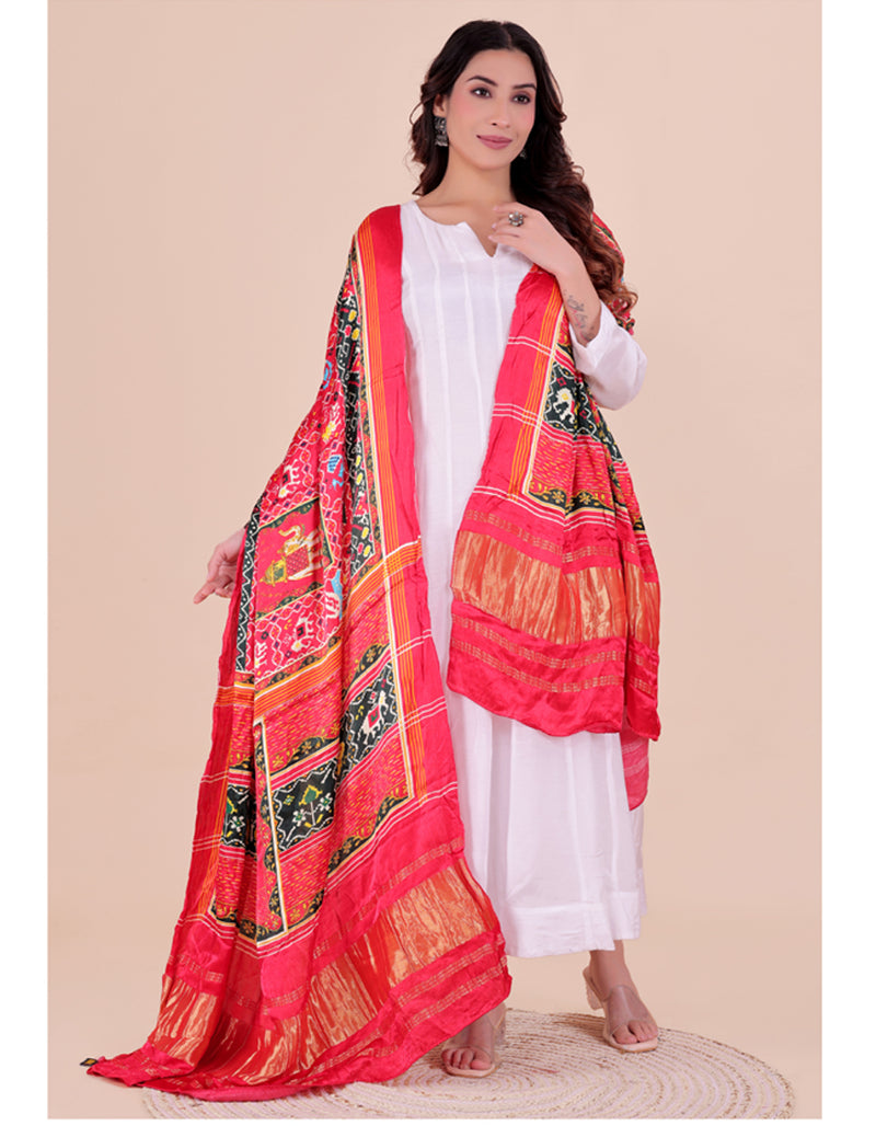 Red Women's Gaji Silk Dupatta suitable for Navratri, Diwali & All Occasions DB2204