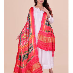 Red Women's Gaji Silk Dupatta suitable for Navratri, Diwali & All Occasions DB2204