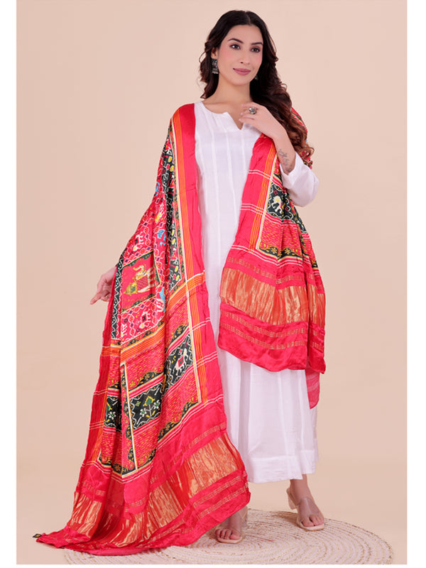 Red Women's Gaji Silk Dupatta suitable for Navratri, Diwali & All Occasions DB2204