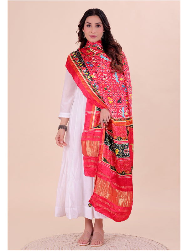Red Women's Gaji Silk Dupatta suitable for Navratri, Diwali & All Occasions DB2204