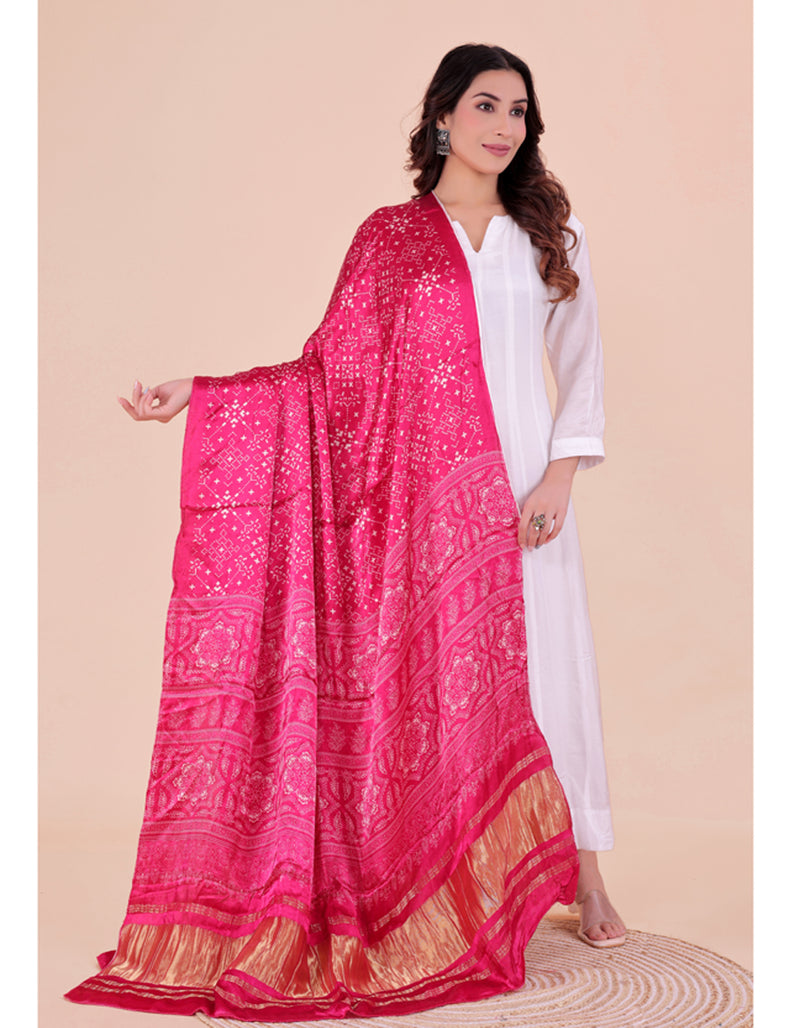 Pink Women's Gaji Silk Dupatta suitable for Navratri, Diwali & All Occasions DB2205
