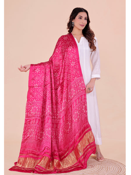 Pink Women's Gaji Silk Dupatta suitable for Navratri, Diwali & All Occasions DB2205