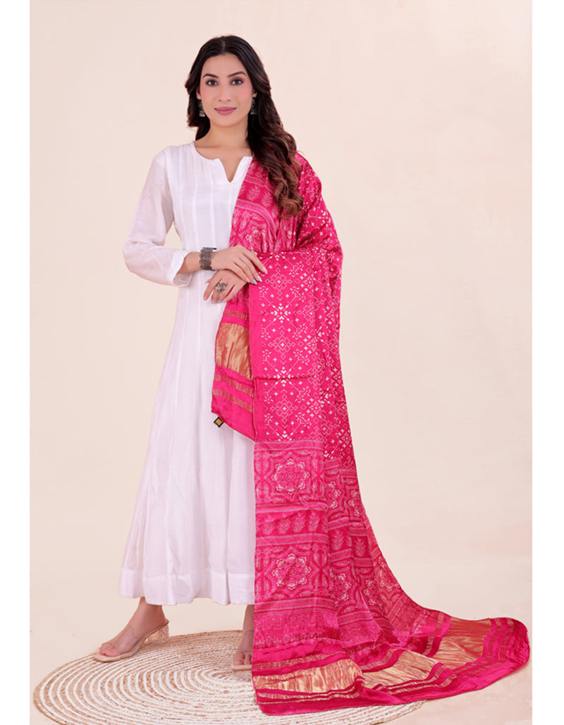 Pink Women's Gaji Silk Dupatta suitable for Navratri, Diwali & All Occasions DB2205