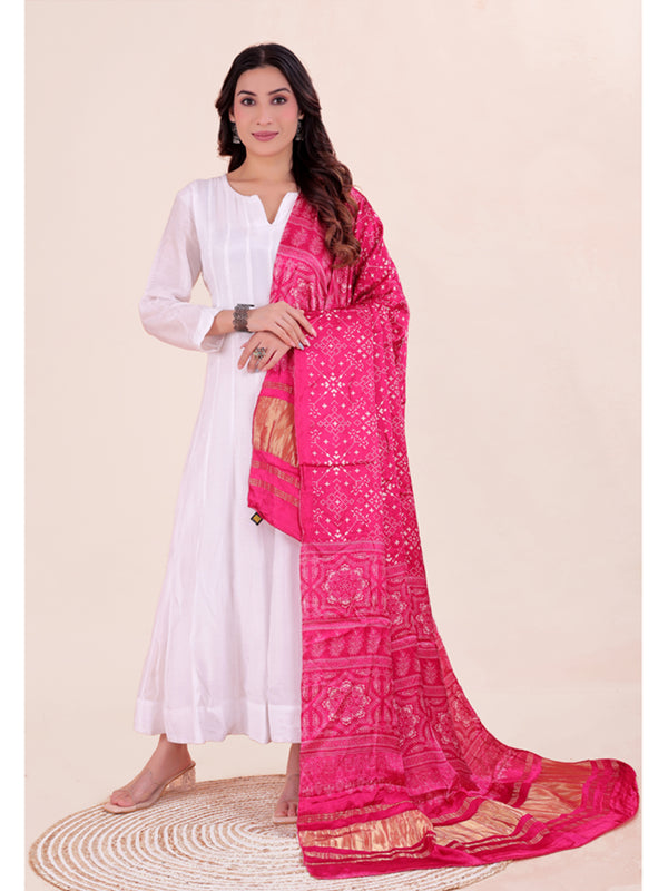 Pink Women's Gaji Silk Dupatta suitable for Navratri, Diwali & All Occasions DB2205