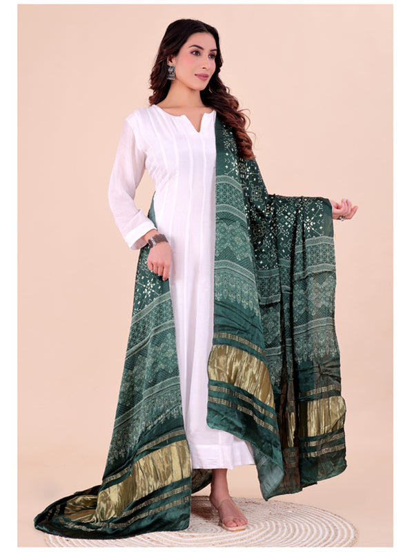 Green Women's Gaji Silk Dupatta suitable for Navratri, Diwali & All Occasions DB2206