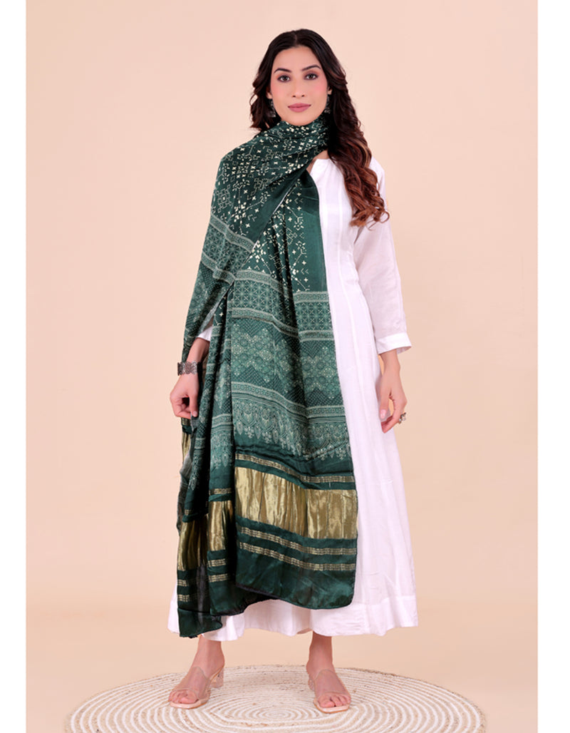 Green Women's Gaji Silk Dupatta suitable for Navratri, Diwali & All Occasions DB2206