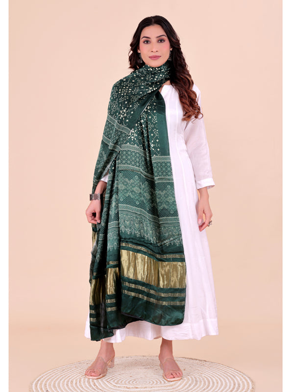 Green Women's Gaji Silk Dupatta suitable for Navratri, Diwali & All Occasions DB2206