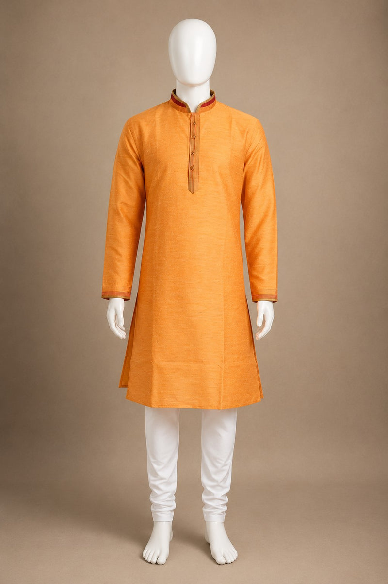 DESI BUTIK Men’s Orange Straight Kurta with White Churidar