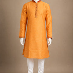DESI BUTIK Men’s Orange Straight Kurta with White Churidar