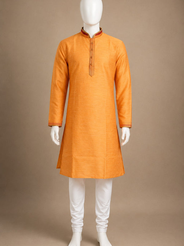 DESI BUTIK Men’s Orange Straight Kurta with White Churidar