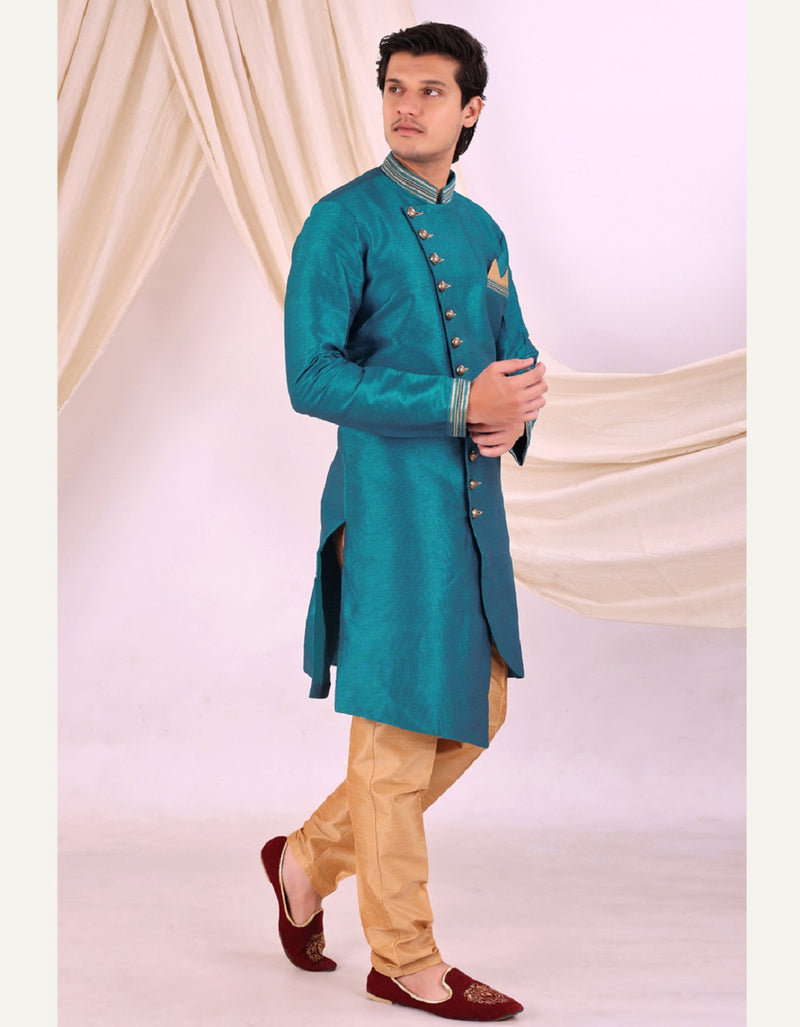 Sky Blue Silk Blend Sherwani Set with Beige Pyjama for Men - DBMS1001
