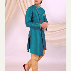 Sky Blue Silk Blend Sherwani Set with Beige Pyjama for Men - DBMS1001