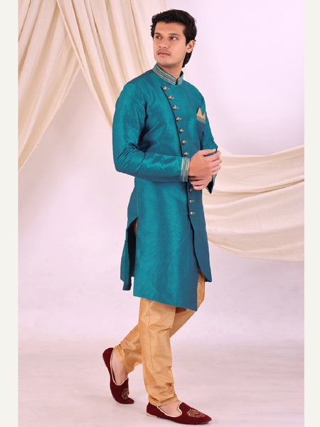 Sky Blue Silk Blend Sherwani Set with Beige Pyjama for Men - DBMS1001