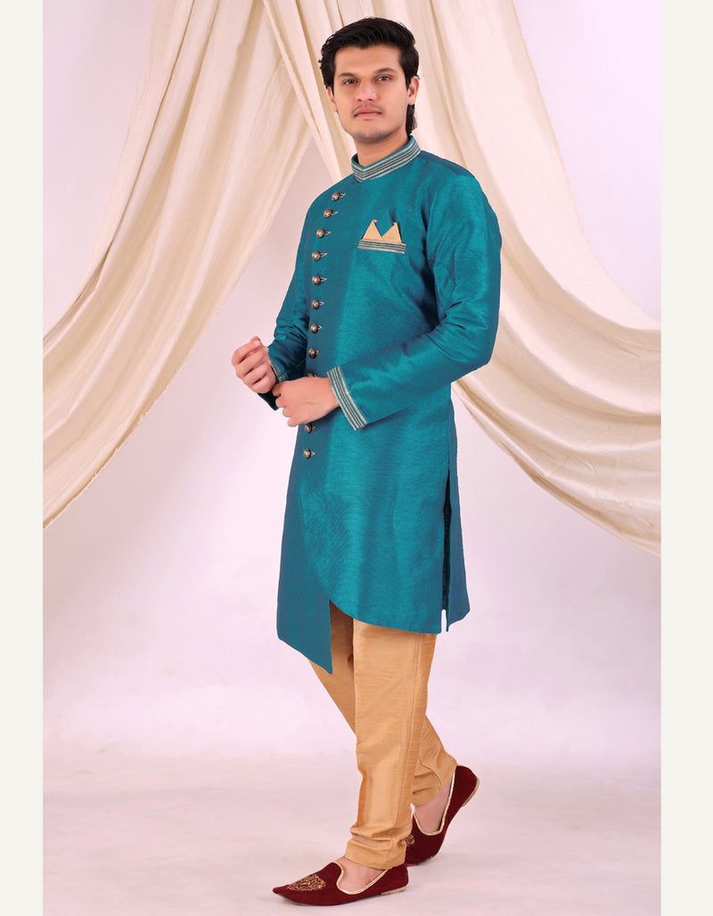 Sky Blue Silk Blend Sherwani Set with Beige Pyjama for Men - DBMS1001