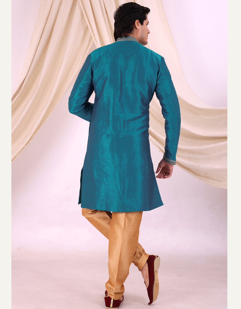 Sky Blue Silk Blend Sherwani Set with Beige Pyjama for Men - DBMS1001
