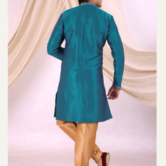 Sky Blue Silk Blend Sherwani Set with Beige Pyjama for Men - DBMS1001