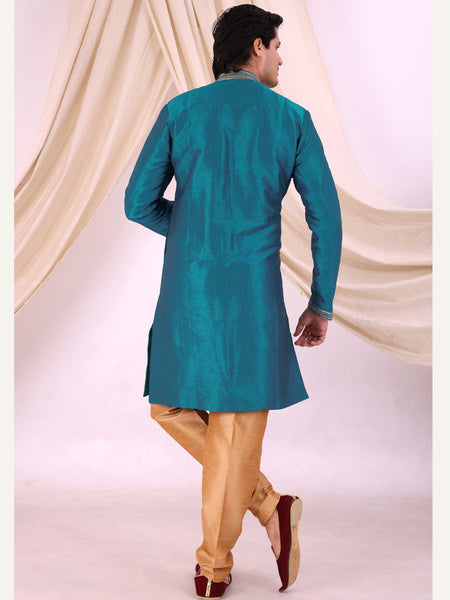 Sky Blue Silk Blend Sherwani Set with Beige Pyjama for Men - DBMS1001