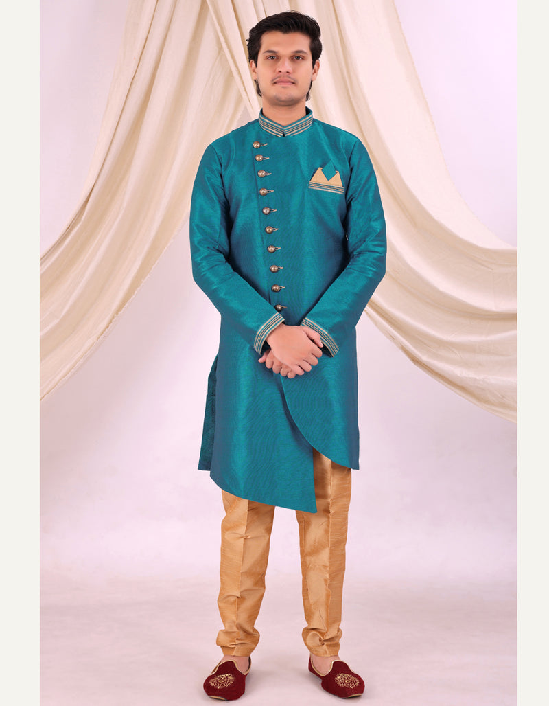 Sky Blue Silk Blend Sherwani Set with Beige Pyjama for Men - DBMS1001