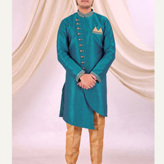Sky Blue Silk Blend Sherwani Set with Beige Pyjama for Men - DBMS1001