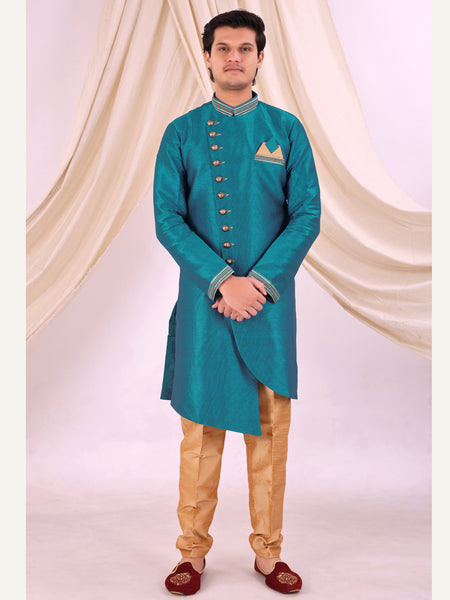 Sky Blue Silk Blend Sherwani Set with Beige Pyjama for Men - DBMS1001
