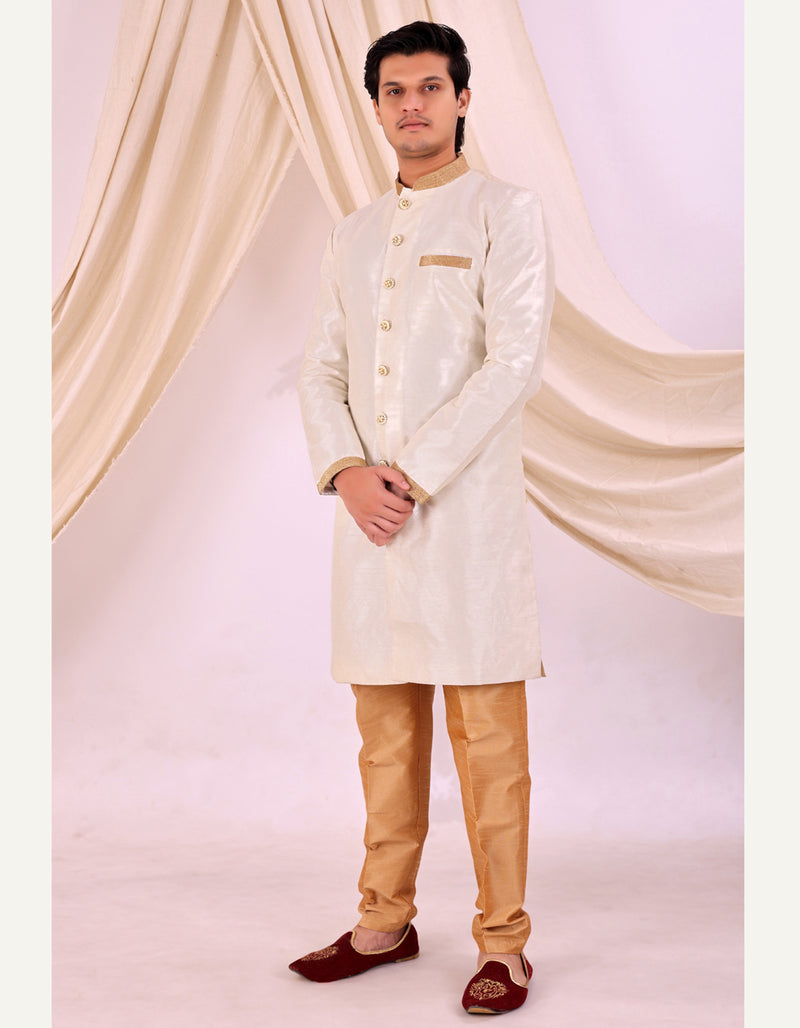 White Silk Blend Sherwani Set with White Pyjama for Men - DBMS1002