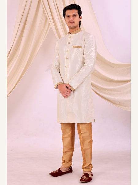 White Silk Blend Sherwani Set with White Pyjama for Men - DBMS1002