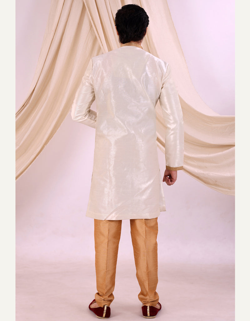 White Silk Blend Sherwani Set with White Pyjama for Men - DBMS1002