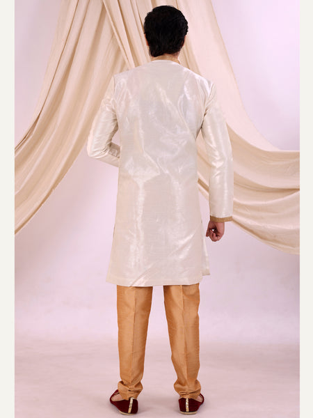 White Silk Blend Sherwani Set with White Pyjama for Men - DBMS1002