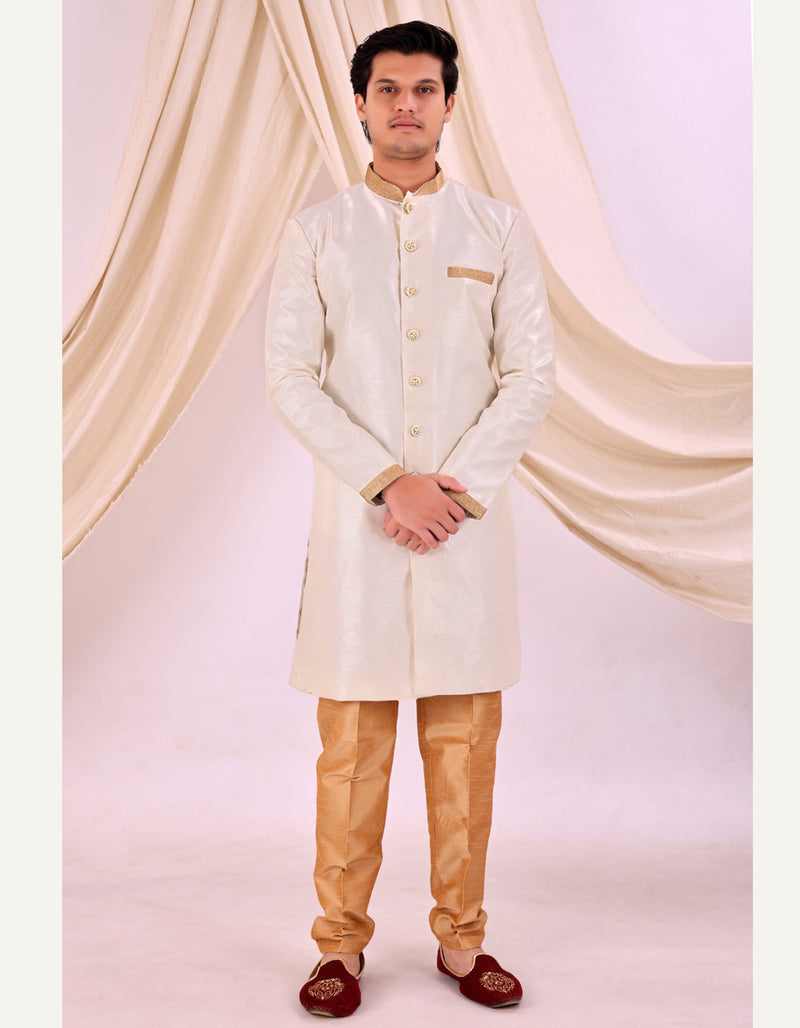 White Silk Blend Sherwani Set with White Pyjama for Men - DBMS1002