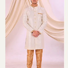 White Silk Blend Sherwani Set with White Pyjama for Men - DBMS1002